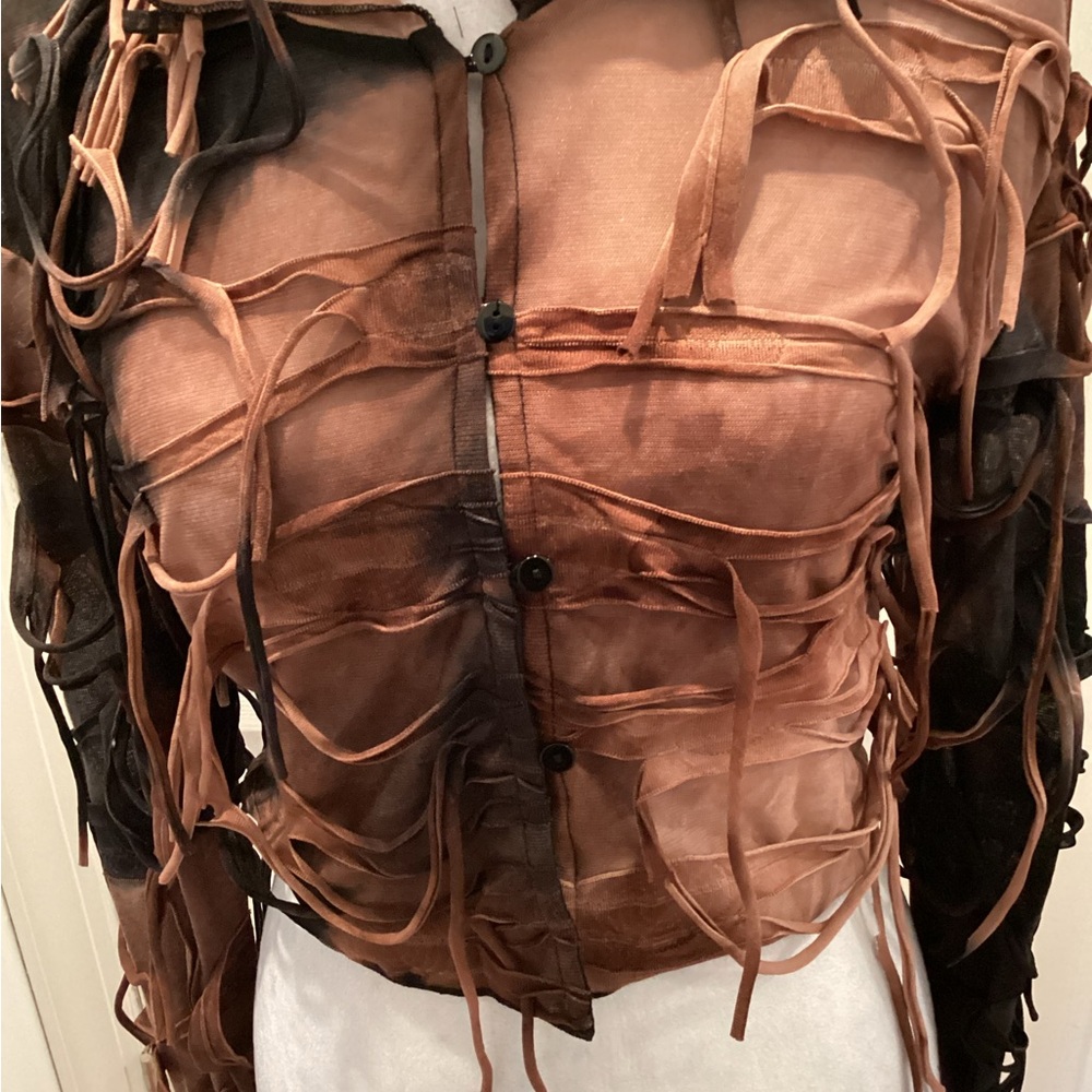 Tie-Dye Brown & Black Hooded Mesh Tassel Jacket - Picture 3 of 6